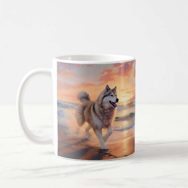 Sandy Paws Alaskan Malamute Hund på Strand Solnedg Kaffemugg (Vänster)