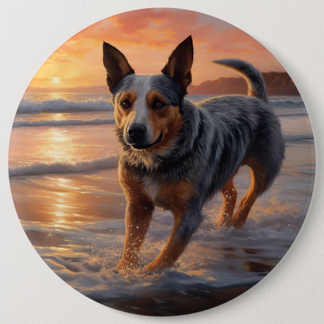 Sandy Paws Australian Cattle Dog på strand vid sol Knapp (Framsida)