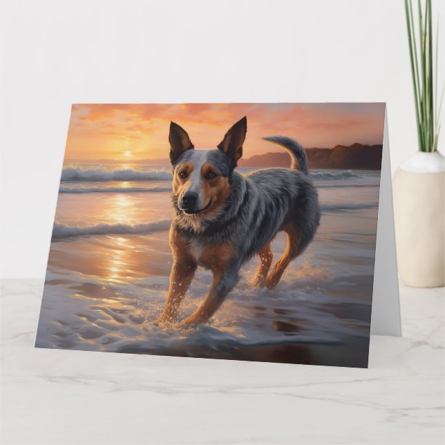 Sandy Paws Australian Cattle Dog på strand vid sol Kort (Framsida)
