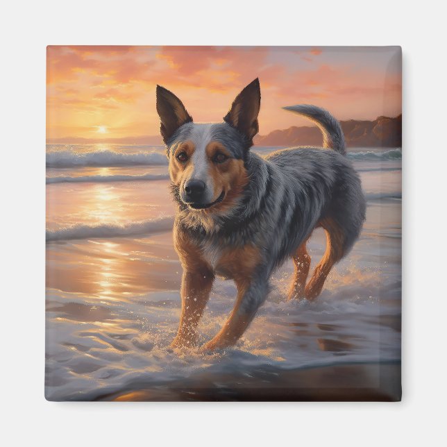 Sandy Paws Australian Cattle Dog på strand vid sol Magnet (Framsidan)