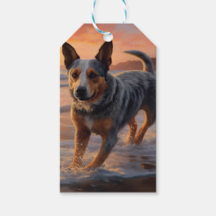 Sandy Paws Australian Cattle Dog på strand vid sol Presentetikett