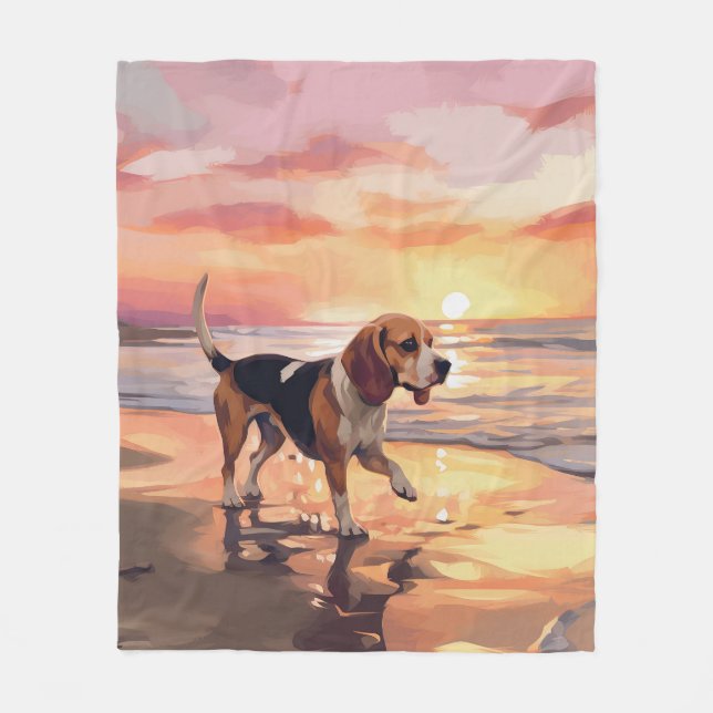 Sandy Paws Beagle Hund på Strand Solnedgång Fleecefilt (Framsidan)