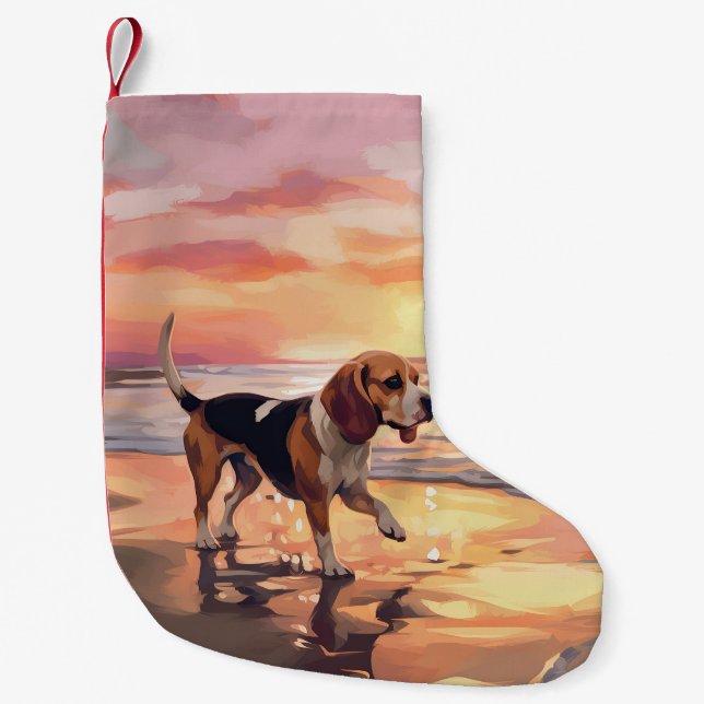 Sandy Paws Beagle Hund på Strand Solnedgång Liten Julstrumpa (Framsidan)