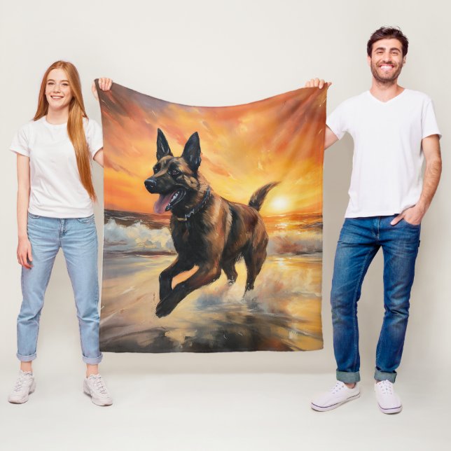 Sandy Paws Belgisk Malinois Hund på Strand Solnedg Fleecefilt (På plats)