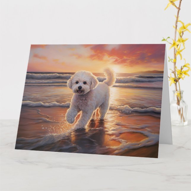 Sandy Paws Bichon Frise Hund på Strand Solnedgång Kort (Gul blomma)