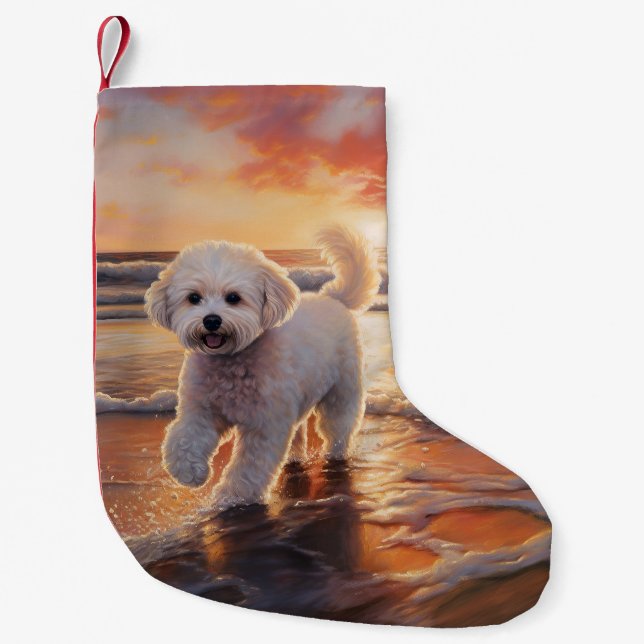 Sandy Paws Bichon Frise Hund på Strand Solnedgång Liten Julstrumpa (Framsidan)