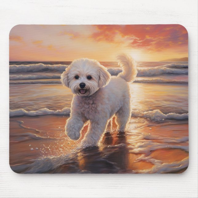 Sandy Paws Bichon Frise Hund på Strand Solnedgång Musmatta (Framsidan)