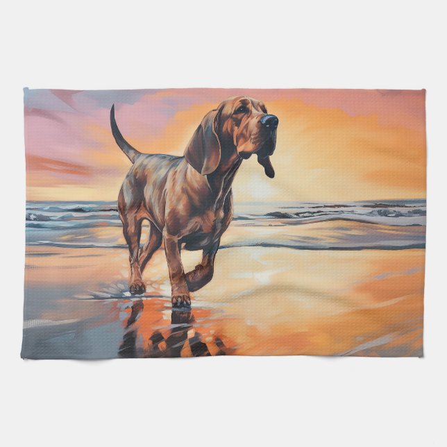 Sandy Paws Blodhund Hund på Strand Solnedgång Kökshandduk (Horisontell)