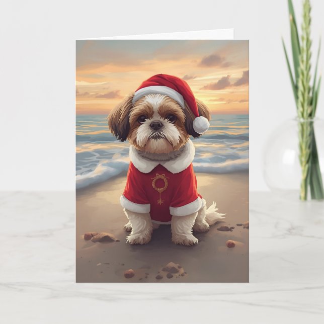 Sandy Paws & Holiday Cheer – Lille strandtomte Kort (Framsida)