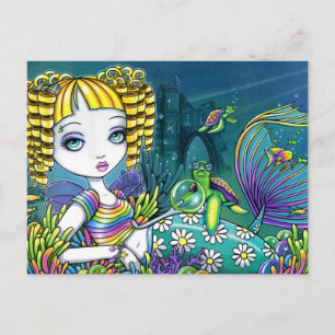 "Sandy" Rainbow Sea Turtle Sjöjungfru Art Postcard Vykort