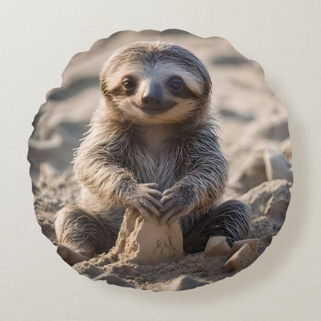 Sandy Shores: Baby Sloth Byggnad Sand Castles Rund Kudde (Framsidan)