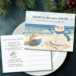 Sandy Snögubbe Beach Scene Ny adress Helg Vykort