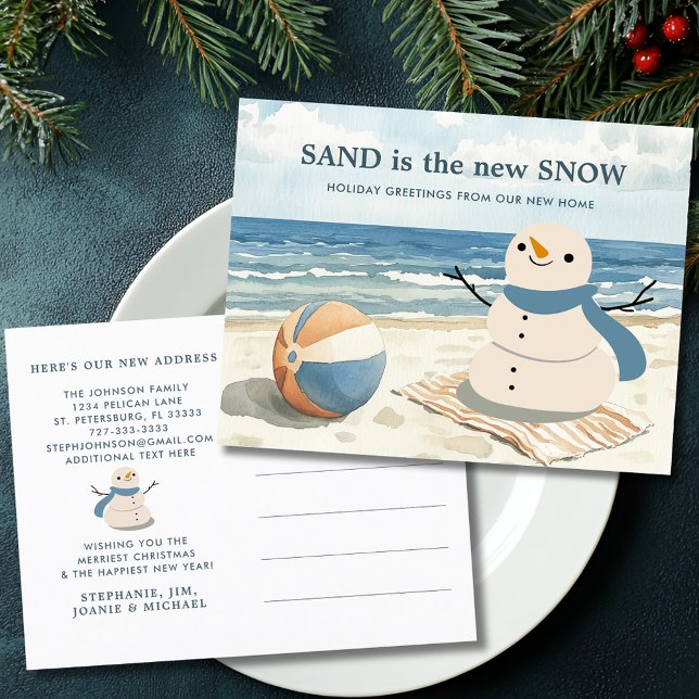 Sandy Snögubbe Beach Scene Ny adress Helg Vykort (Sandy Snowman Beach Scene New Address Holiday Moving Announcement Postcard)