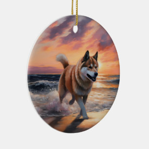 Sandy Tassar Akita Hund on Beach Sunset Julgransprydnad Keramik