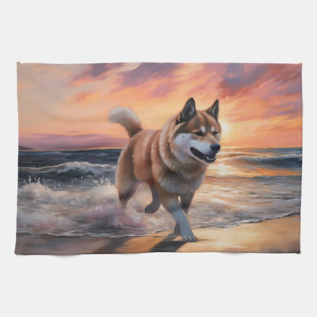 Sandy Tassar Akita Hund on Beach Sunset Kökshandduk (Horisontell)