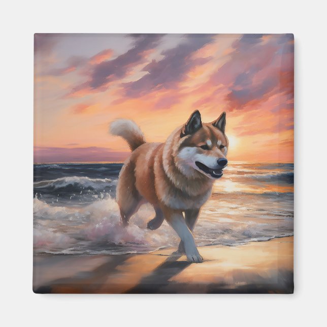 Sandy Tassar Akita Hund on Beach Sunset Magnet (Framsidan)