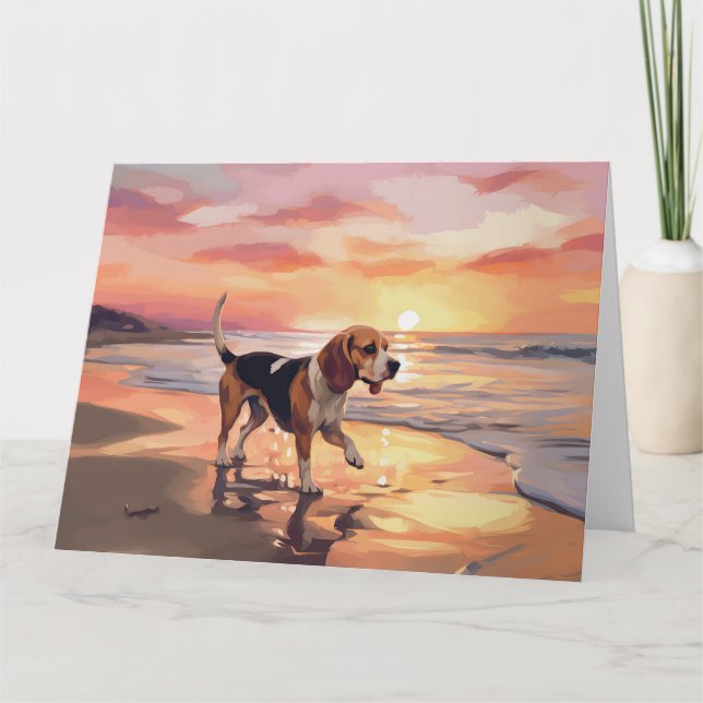 Sandy Tassar Beagle Hund on Beach Sunset Kort (Framsida)