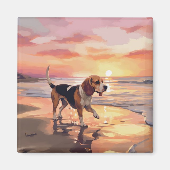 Sandy Tassar Beagle Hund on Beach Sunset Magnet (Framsidan)