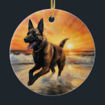 Sandy Tassar Belgium Malinois Hund on Beach Sunset Julgransprydnad Keramik<br><div class="desc">Ta dig in i vår vackra "Sandy Tassar och Sunset Hues"-hund på solnedgången. Den här fängslande scenen fångar kärnan av en perfekt kväll vid kusten, med en lojal hund-vän som njuter av den gyllene sanden och de andningsande nyheterna om sol. Oavsett om du är hund älskare eller solnedgångsentusiaster, så ger...</div>