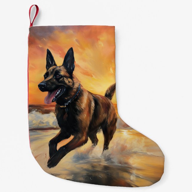 Sandy Tassar Belgium Malinois Hund on Beach Sunset Liten Julstrumpa (Framsidan)