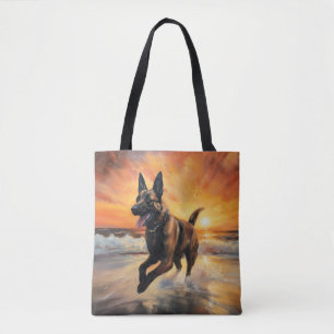 Sandy Tassar Belgium Malinois Hund on Beach Sunset Tygkasse