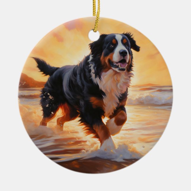 Sandy Tassar Bernese Mountain Hund on Beach Sunset Julgransprydnad Keramik (Framsidan)