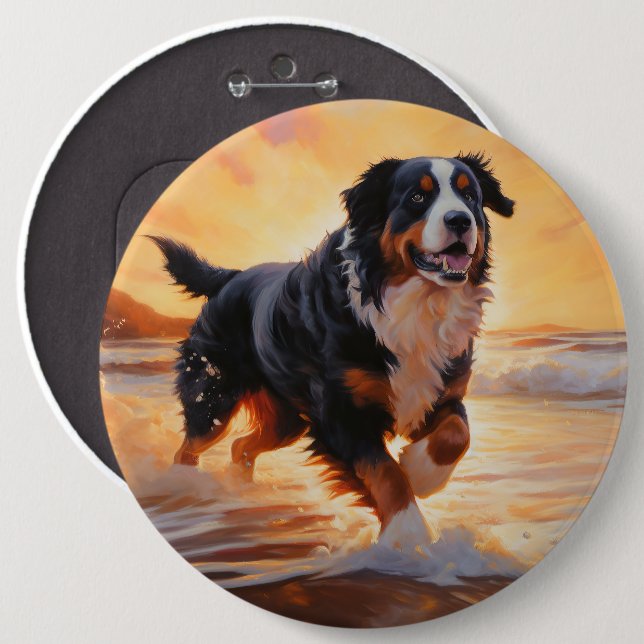 Sandy Tassar Bernese Mountain Hund on Beach Sunset Knapp (Framsida & baksida)