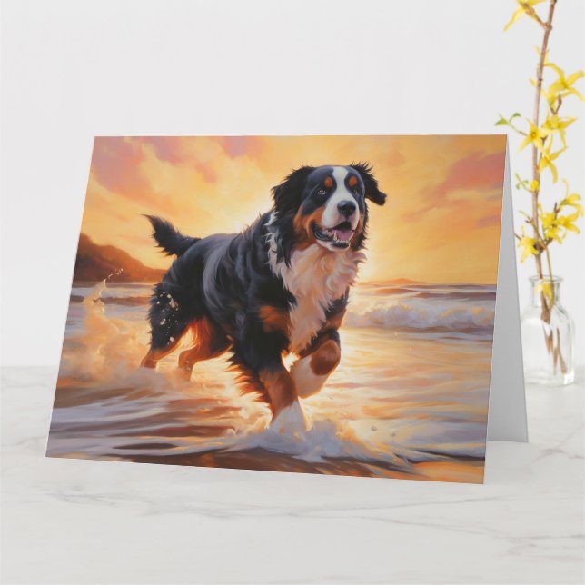 Sandy Tassar Bernese Mountain Hund on Beach Sunset Kort (Gul blomma)