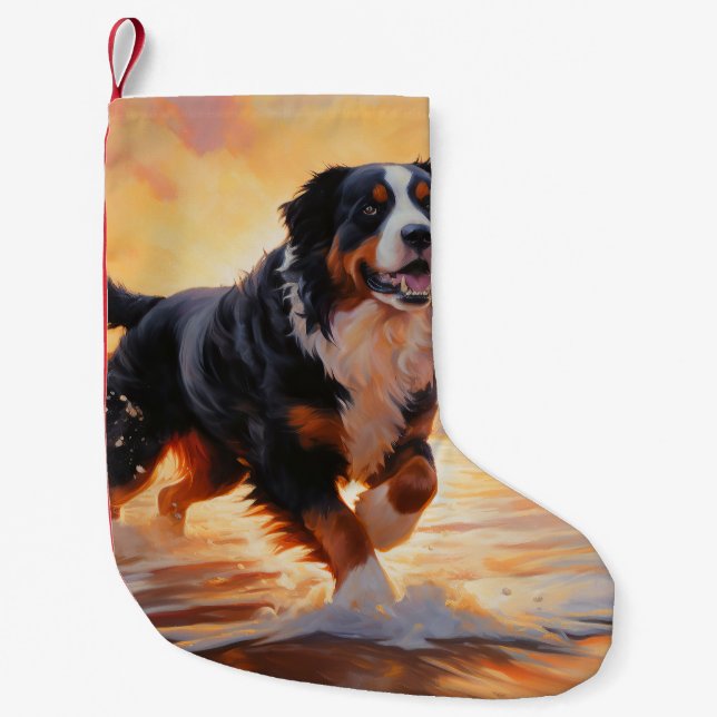 Sandy Tassar Bernese Mountain Hund on Beach Sunset Liten Julstrumpa (Framsidan)