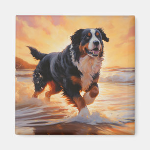 Sandy Tassar Bernese Mountain Hund on Beach Sunset Magnet
