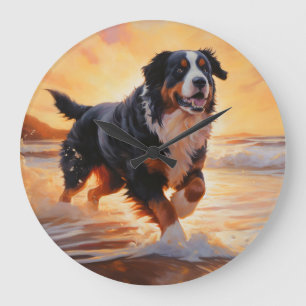 Sandy Tassar Bernese Mountain Hund on Beach Sunset Stor Klocka