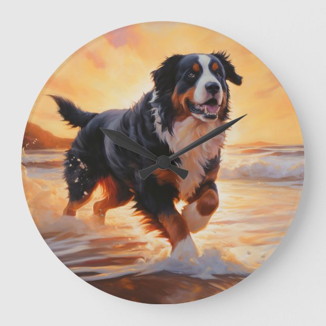 Sandy Tassar Bernese Mountain Hund on Beach Sunset Stor Klocka (Framsida)