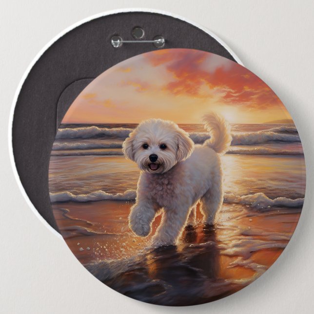 Sandy Tassar Bichon Frise Hund on Beach Sunset Knapp (Framsida & baksida)