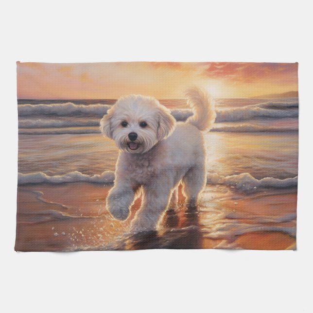 Sandy Tassar Bichon Frise Hund on Beach Sunset Kökshandduk (Horisontell)
