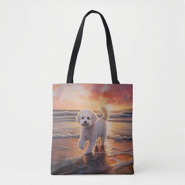 Sandy Tassar Bichon Frise Hund on Beach Sunset Tygkasse (Framsida)