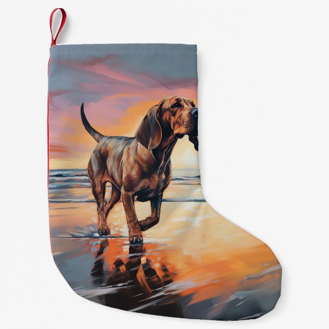 Sandy Tassar Bloodhound Hund on Beach Sunset Liten Julstrumpa (Framsidan)