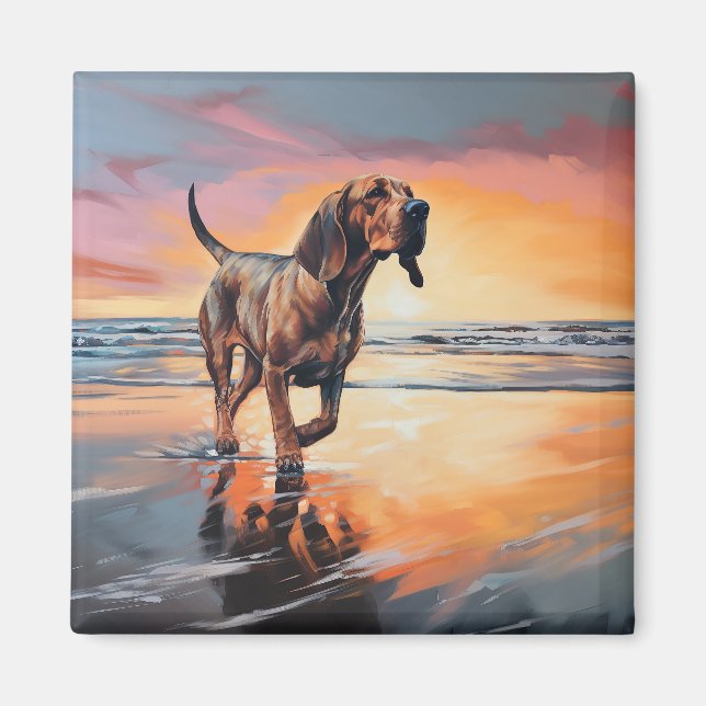 Sandy Tassar Bloodhound Hund on Beach Sunset Magnet (Framsidan)