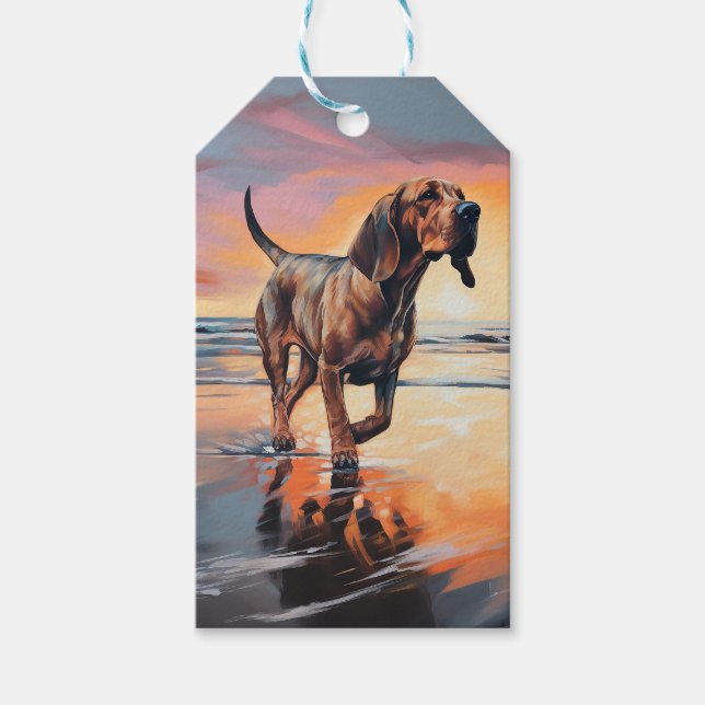 Sandy Tassar Bloodhound Hund on Beach Sunset Presentetikett (Framsidan)