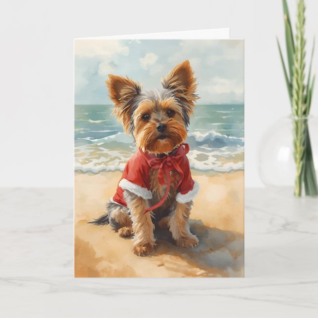 Sandy Tassar och jul Cheer - Yorkie vid Beach Kort (Framsida)