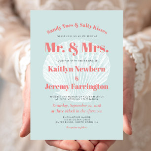 Sandy Toes Aqua Coral Seashell Beach Wedding Inbjudningar