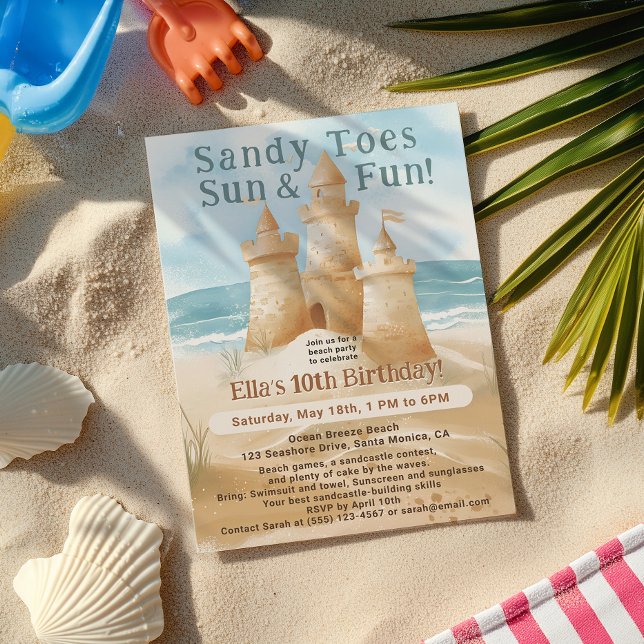 Sandy Toes Sol Roligt Beach Sand Castle Kid-födels Inbjudningar (Sandy Toes Sun Fun Beach Sand Castle Kid birthday Invitation)