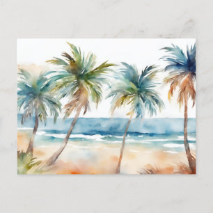 Sandy Watercolor Tropical Beach, Handflatan Träd Vykort