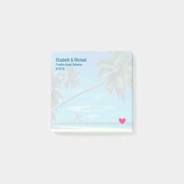 Sandy White Beach med Tropical Handflatan Bröllop Post-it Block (Framsida)