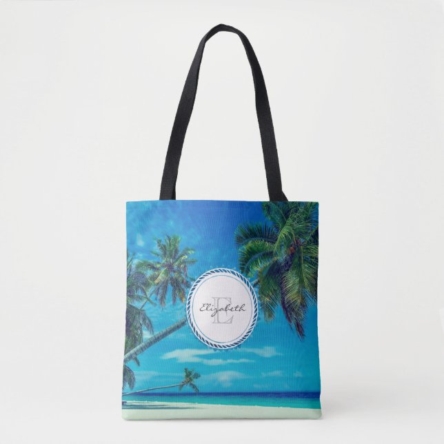 Sandy White Beach med Tropical Handflatan Monogram Tygkasse (Framsida)
