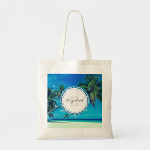 Sandy White Beach med Tropical Handflatan Monogram Tygkasse