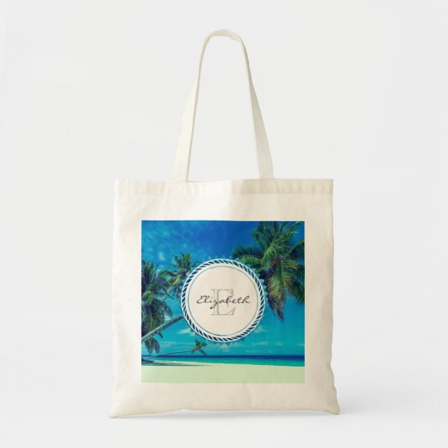 Sandy White Beach med Tropical Handflatan Monogram Tygkasse (Framsidan)