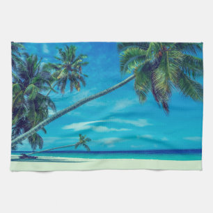 Sandy White Beach med Tropical Handflatan Träd Kökshandduk