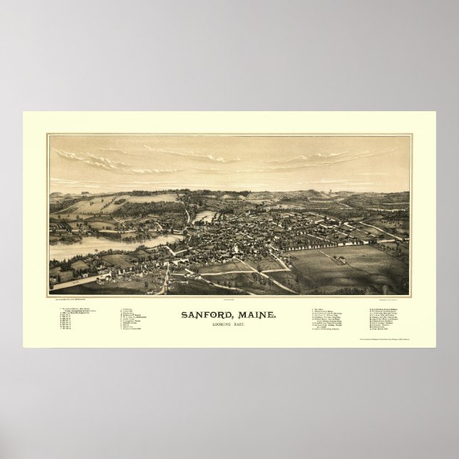 Sanford, ME Panoramic Karta - 1889 Poster (Framsidan)