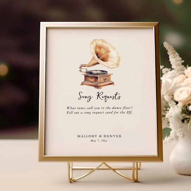 Sång Begär Vintage Gramophone Bröllop Poster (Song Request Sign from Romantic Wedding signs collection by Darling & May)