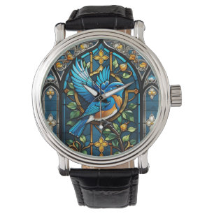 Sång blåfågel: Stached Glass Sergranat Armbandsur